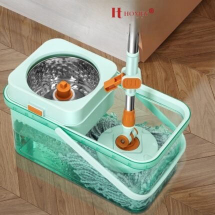 Horizontal Acrylic Mop Bucket Set Manual Stainless Water Resistant 2 Microfiber Pads Homey Town ©